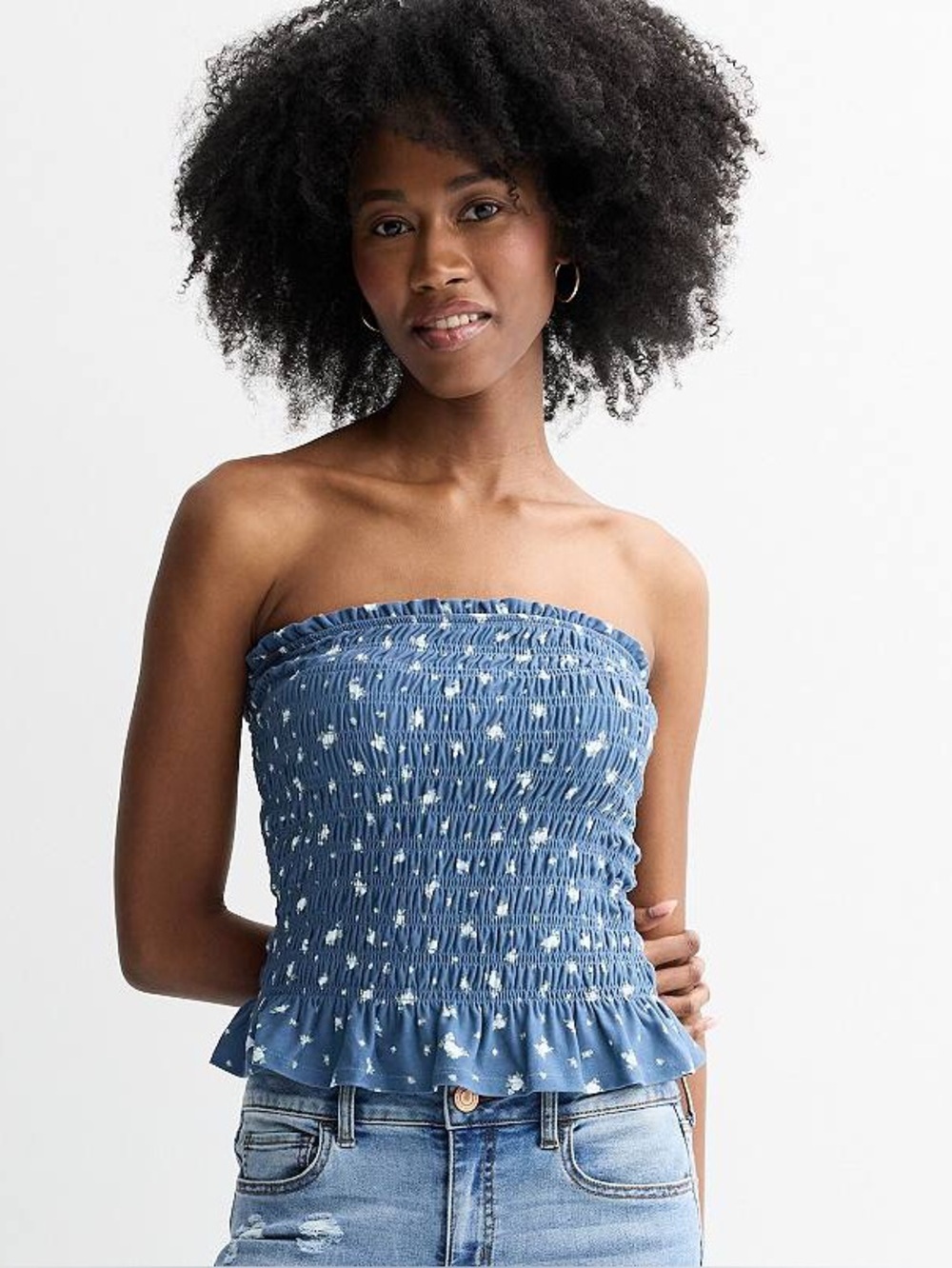 Pink Republic Smocked Tube Top XL Blue Floral Ruffle Y2K Boho NWT